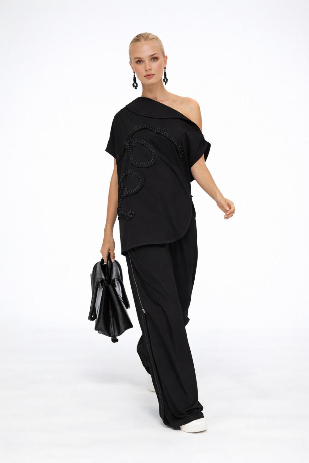 LAMANTE ÖRGÜ DETAYLI SİYAH PANTOLON