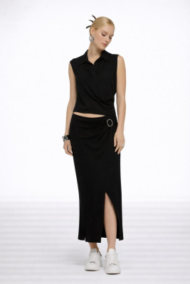 LAMANTE HALKA DETAY SİYAH YIRTMAÇLI ETEK